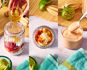 Three images side-by-side showing how to make the cottage cheese taco sauce.