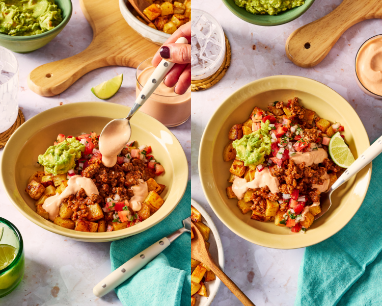 Side-by-side of assembling taco bowls then drizzling the cottage cheese taco sauce on top.