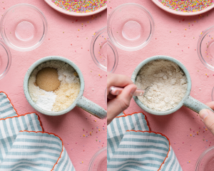 Side-by-side image of mixing dry ingredients together in mug.