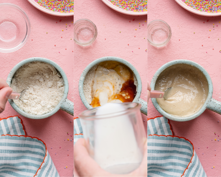 Three images side-by-side showing how to mix the ingredients together for the cake batter.