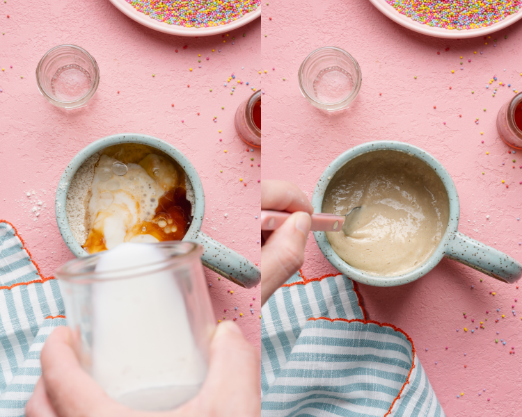 Side-by-side image of adding wet ingredients to dry ingredients and mixing until combined.
