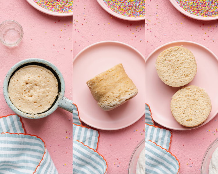 Three images showing microwaving the mug cake, then dumping on a plate and cutting it in half to let it cool.