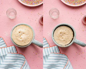 Side-by-side of microwaving mug cake until it's done.