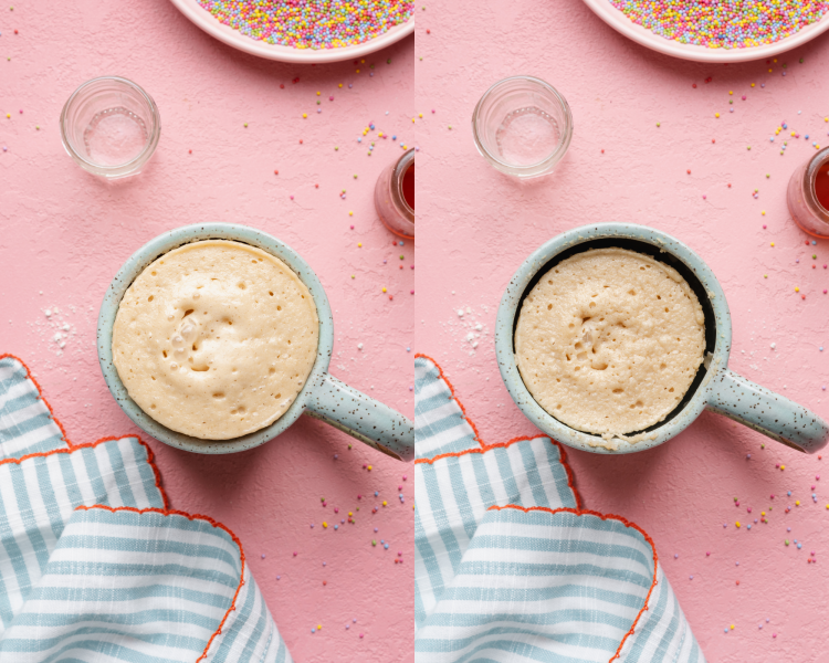 Side-by-side of microwaving mug cake until it's done.