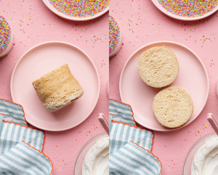 Side-by-side image of dumping mug cake onto plate and cutting it in half to let it cool.