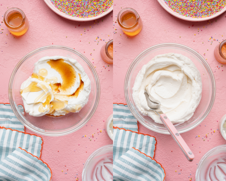 Side-by-side image of mixing frosting ingredients together in small mixing bowl.