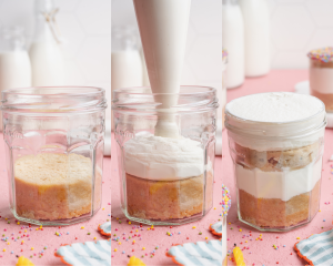 Three images showing how to assemble dot cake starting with a cake layer on the bottom, then adding frosting and another layer of cake and frosting.