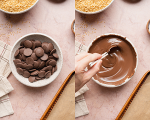 Side-by-side image of melting the chocolate wafters in a small bowl until smooth.