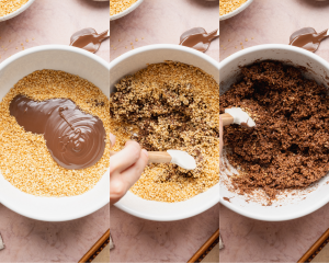 Side-by-side of adding the melted chocolate the puffed quinoa and mixing until combined.