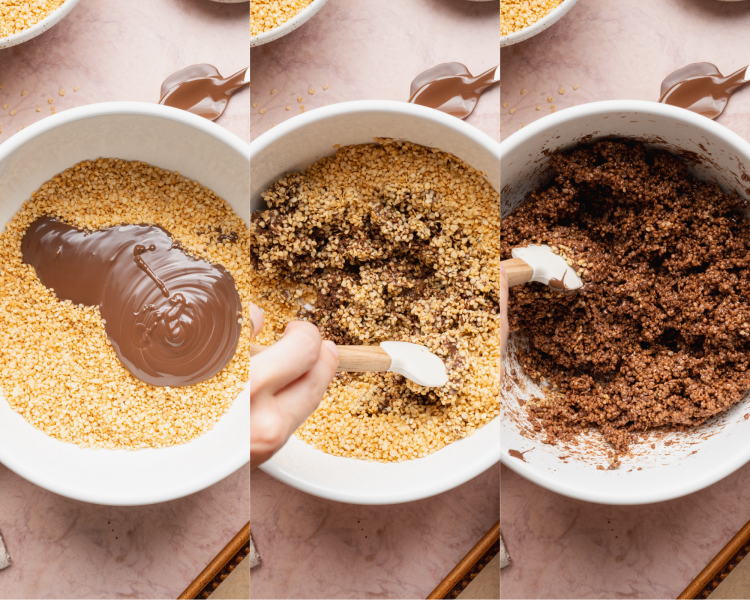 Side-by-side of adding the melted chocolate the puffed quinoa and mixing until combined.