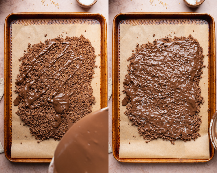 Pouring remaining melted chocolate over quinoa bark.