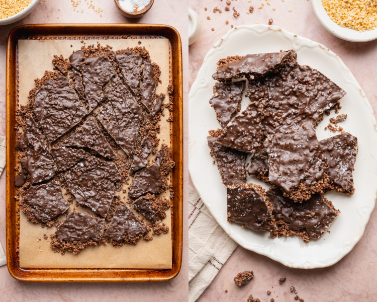 Side-by-side of quinoa bark set and broken on parchment-lined baking sheet and then placed on white serving platter.