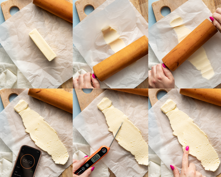 Six images showing how to soften butter with rolling pin.