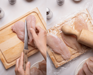 Side-by-side image of slicing the chicken breasts and pounding to an 1/2 inch thickness.