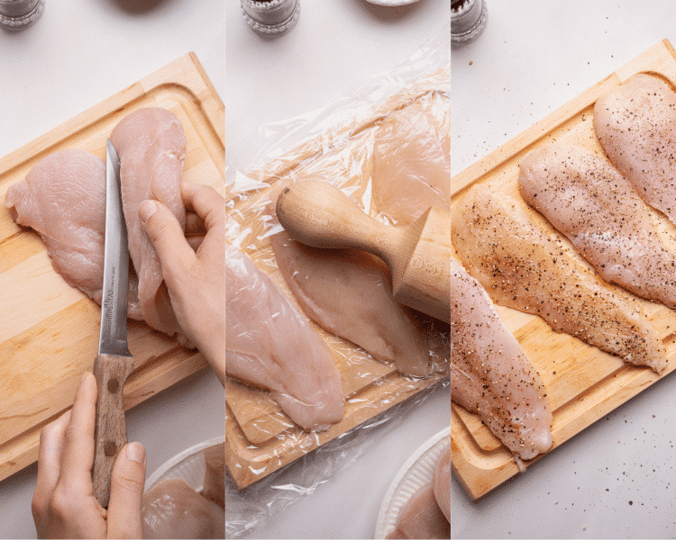 Three images side-by-side showing how to prep the chicken before frying.