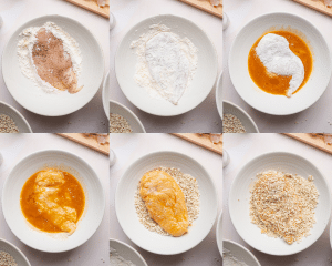 Six images showing how to dredge the chicken before frying.