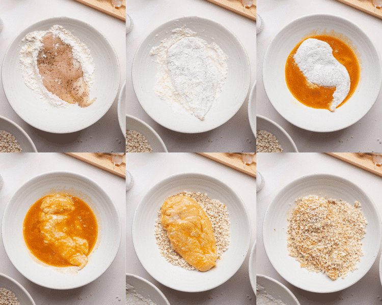 Six images showing how to dredge the chicken before frying.