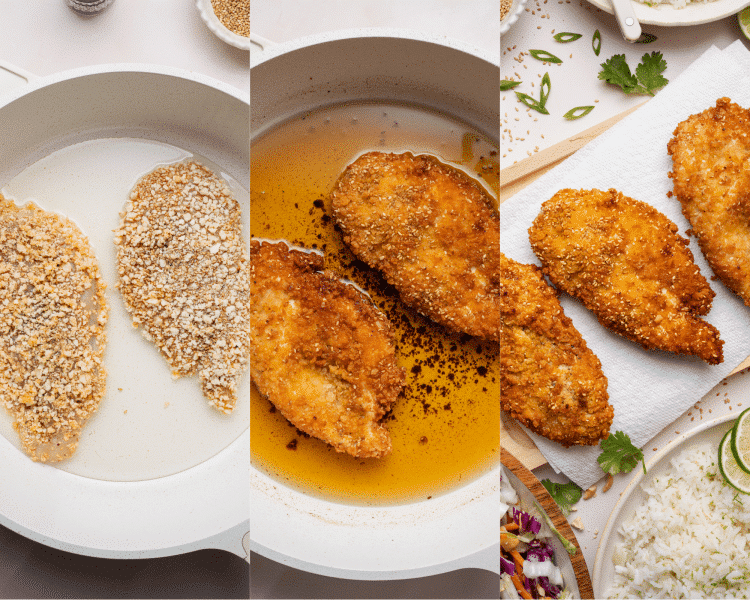 Three images side-by-side showing how to cook the chicken.
