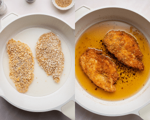 Side-by-side image of cooking the chicken in hot oil for 3-4 minutes on each side.