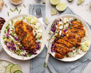 Side-by-side image of plating cooked chicken with coconut rice and asian slaw then slicing the chicken on a plate to serve.