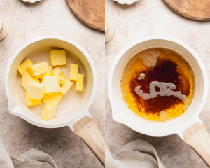 Side-by-side image of browning the butter in a small skillet.