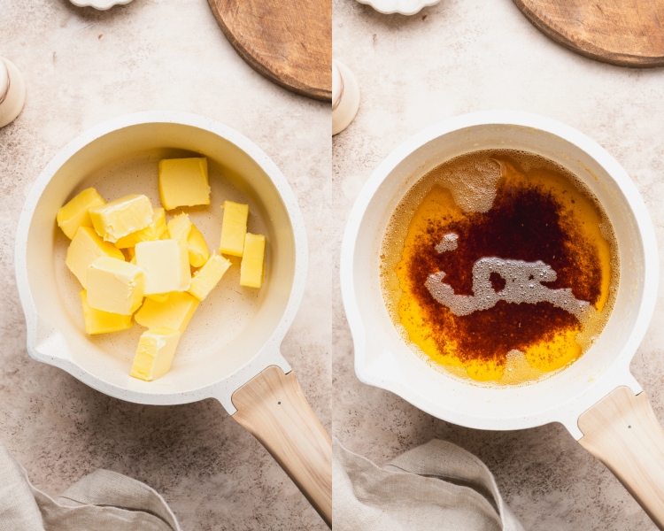 Side-by-side image of browning the butter in a small skillet.