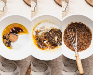 Three images side-by-side of whisking together the browned butter and sugars.