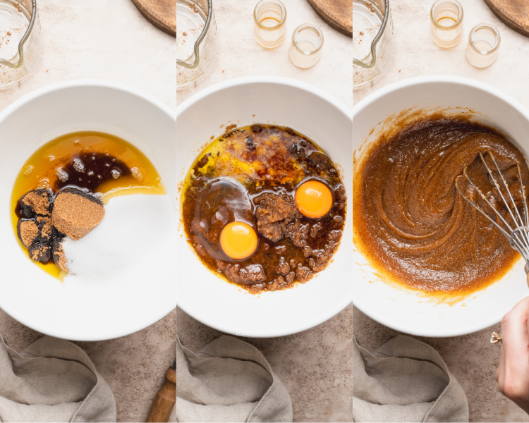Three images side by side showing how to whisk together wet ingredients for snickerdoodle cookie skillet.
