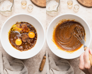 Side-by-side of adding wet ingredients to butter and sugar.