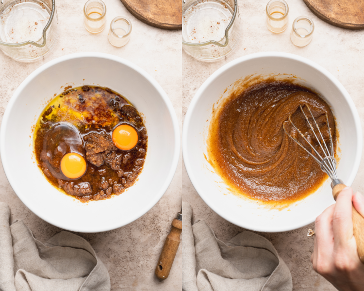 Side-by-side of adding wet ingredients to butter and sugar.