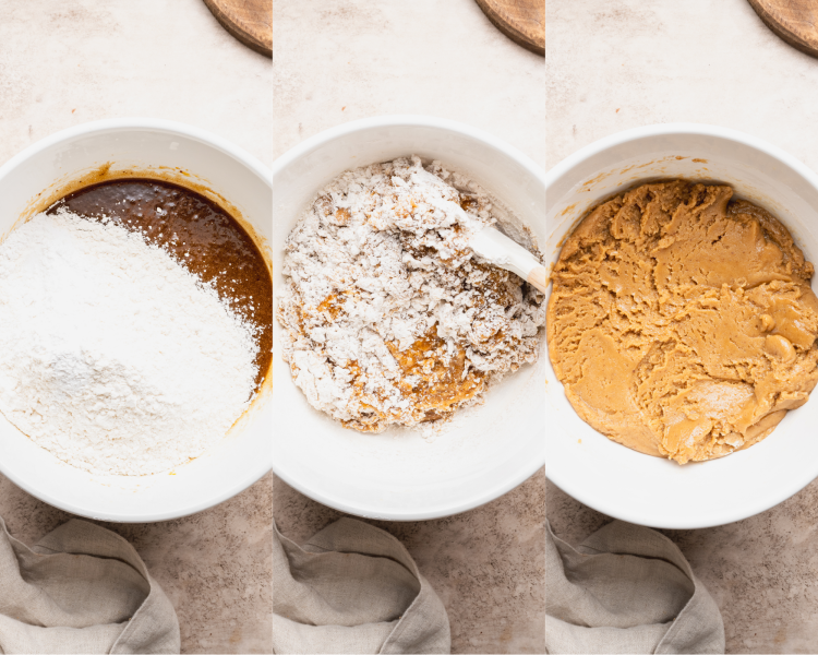 Three images side by side showing how to fold the flour into the wet ingredients to form snickerdoodle cookie dough.