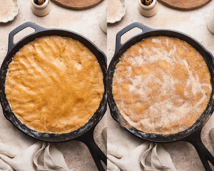 Pouring snickerdoodle cookie dough into cast iron skillet then topped with cinnamon sugar topping.