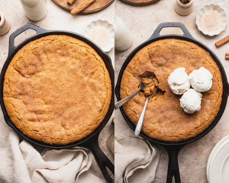 Side-by-side image of brown butter snickerdoodle cookie skillet baked then topped with vanilla ice cream.