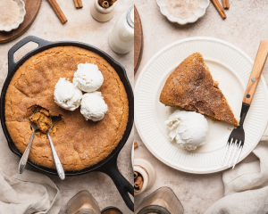 Side-by-side of snickerdoodle cookie skillet topped with vanilla ice cream and then sliced and served with a scoop of vanilla ice cream on a plate.