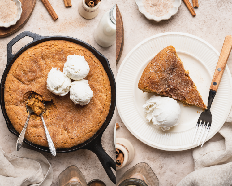 Side-by-side of snickerdoodle cookie skillet topped with vanilla ice cream and then sliced and served with a scoop of vanilla ice cream on a plate.
