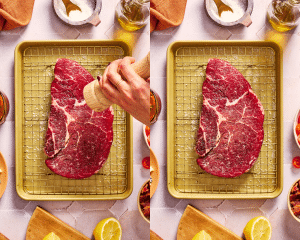 Side-by-side image of adding black pepper to steak while it comes to room temperature.