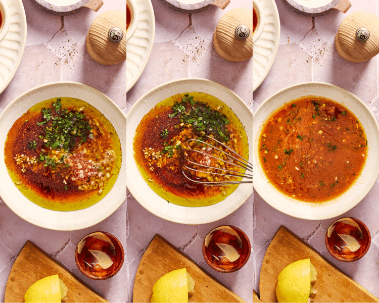 Three images side-by-side showing how to whisk ingredients together for bbq dressing.