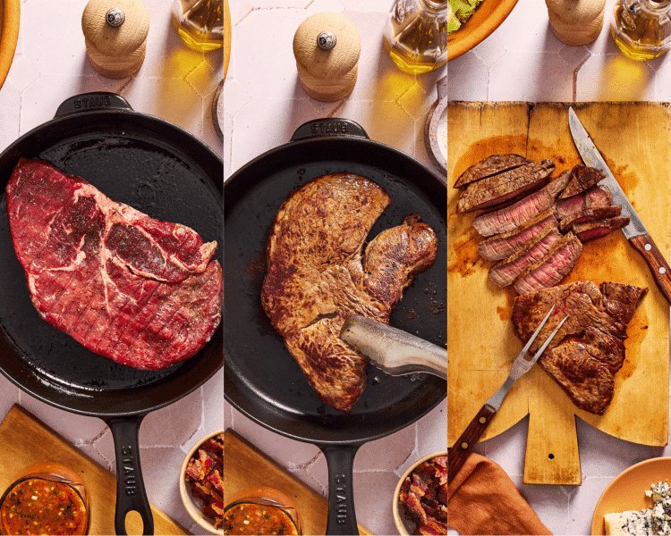 Three images showing how to cook and slice steak for cobb salad.