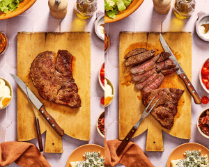 Side-by-side image of letting steak rest on cutting board for 10-15 minutes then slicing against the grain before adding to assembled salad.