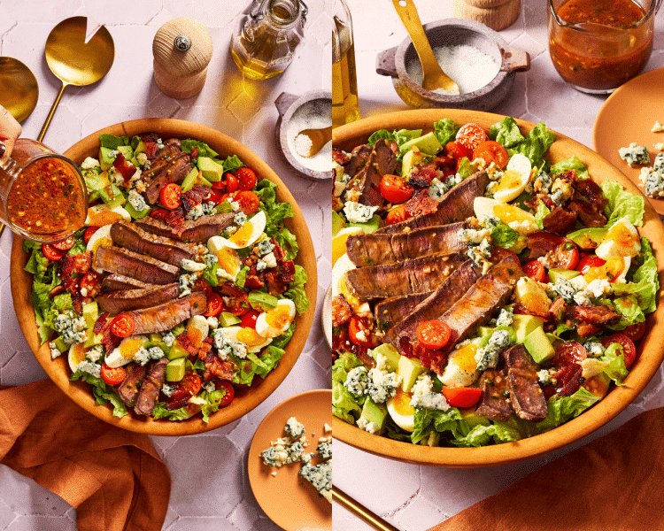 Side-by-side of pouring BBQ vinaigrette on top of steak salad and serving assembled salad.