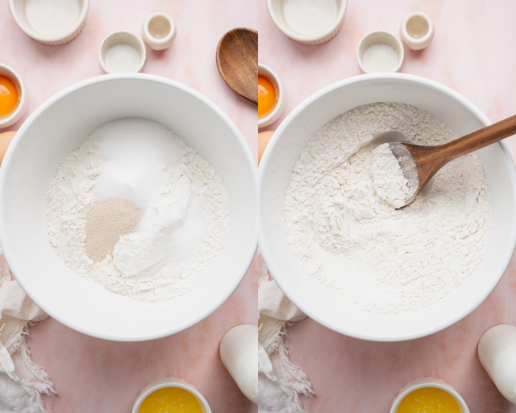 Side-by-side image of mixing together the dry ingredients for strawberry cinnamon rolls.