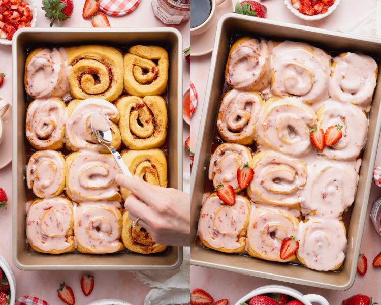 Side-by-side image of spooning the strawberry glaze over the cinnamon rolls then adding a few extra strawberries on top.