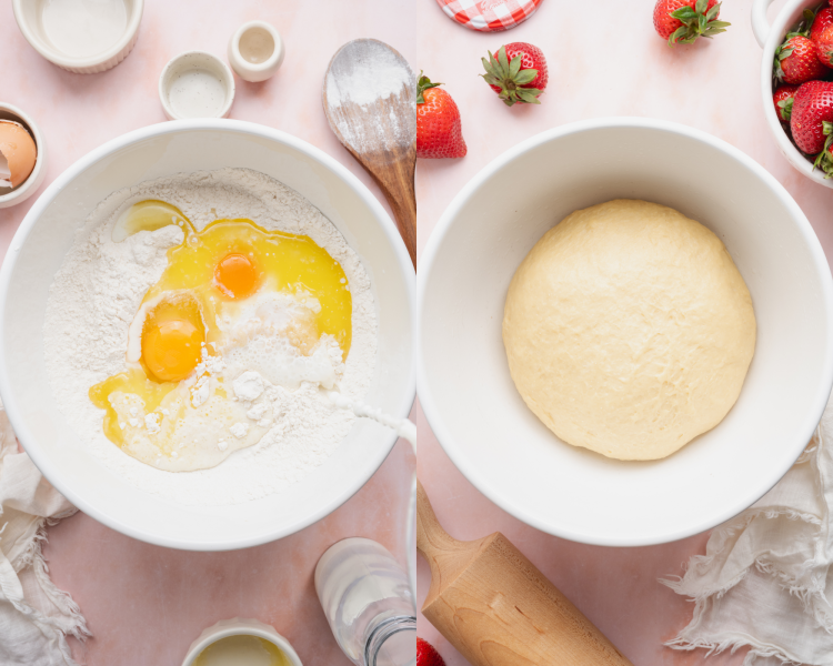 Side-by-side image of mixing wet and dry ingredients together in a bowl then kneading together until elastic dough forms.