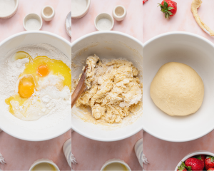Three images showing adding in the wet ingredients then mixing the dough.