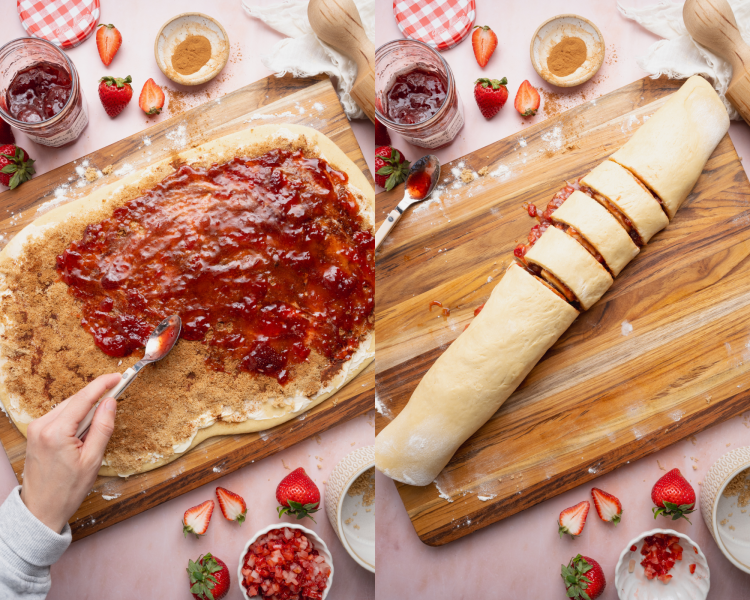 Side-by-side image of adding the filling to the cinnamon rolls dough then rolling up and cutting into 12 rolls.