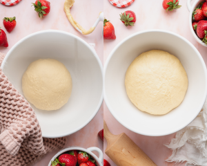 Side-by-side of placing the dough in a slightly oiled bowl then allowing to rise until doubled in size.