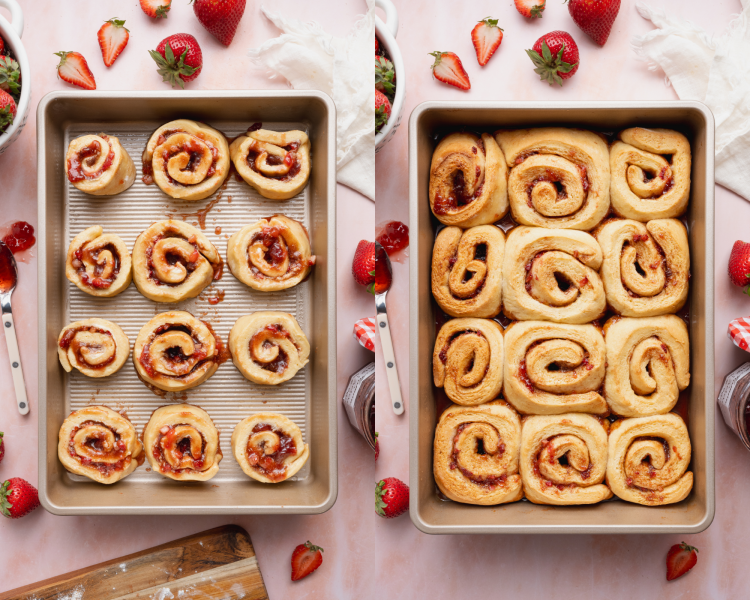 Side-by-side of unbaked rolls rising in 9x13 pan then baking after second rise.
