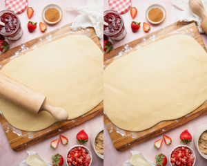 Side-by-side image of rolling out the dough into a large rectangle.