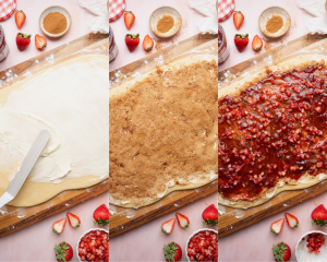 Three images showing adding the butter, cinnamon and strawberry filling.