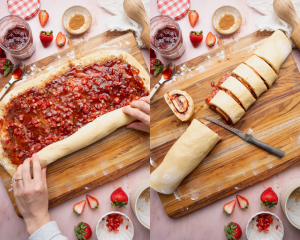 Side-by-side image of rolling up the dough and cutting into 12 rolls.